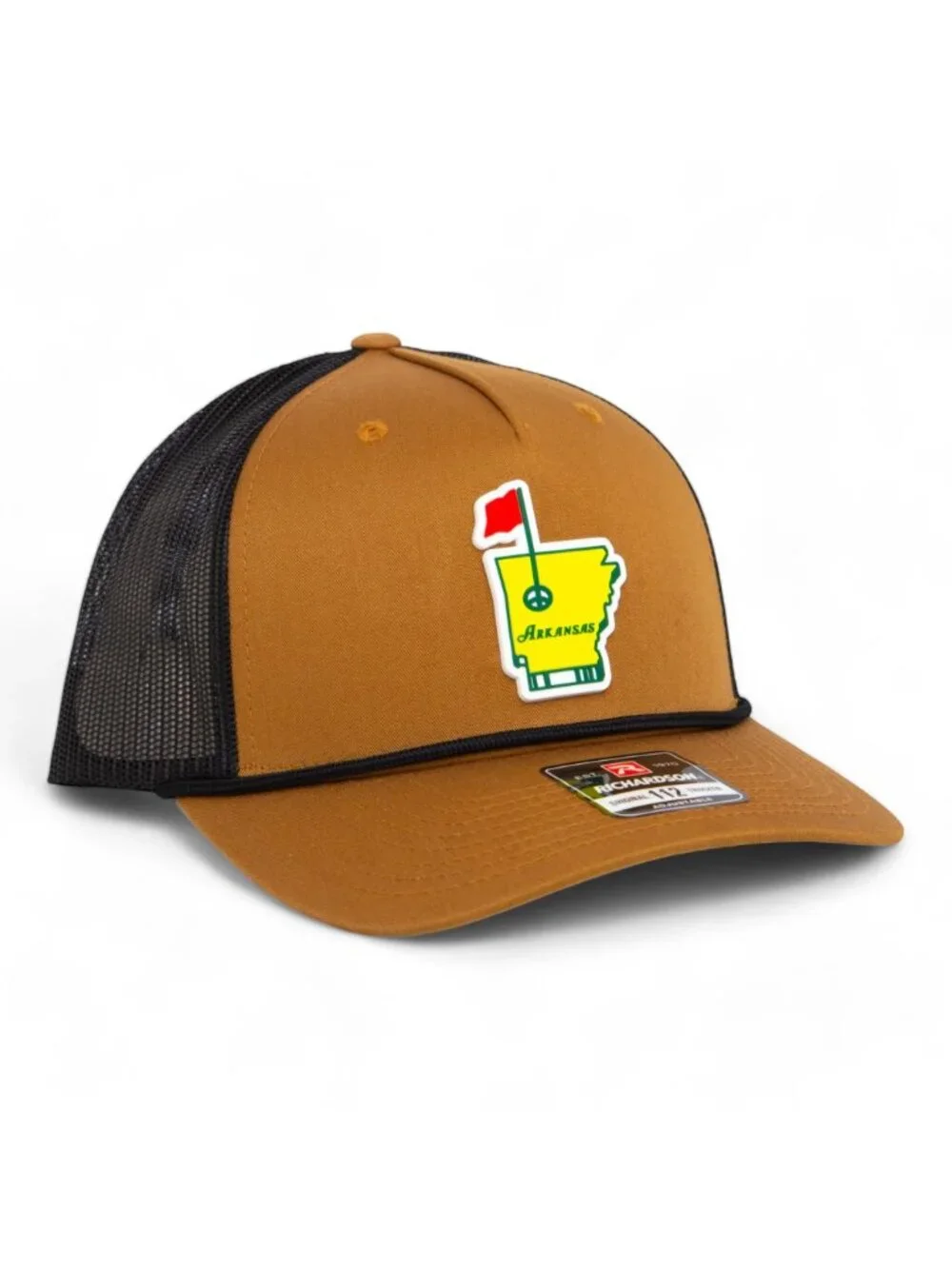 Arkansas Masters Golf 3D Snapback Trucker Rope Hat- Carmel/ Black